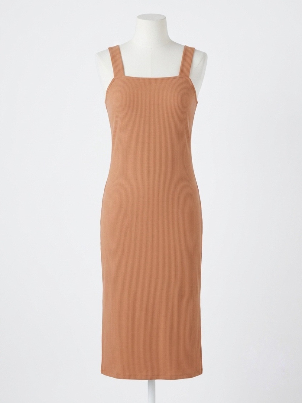 The Drop Ribbed Square-Neck Midi Dress in Camel Tan Terracotta Size Large